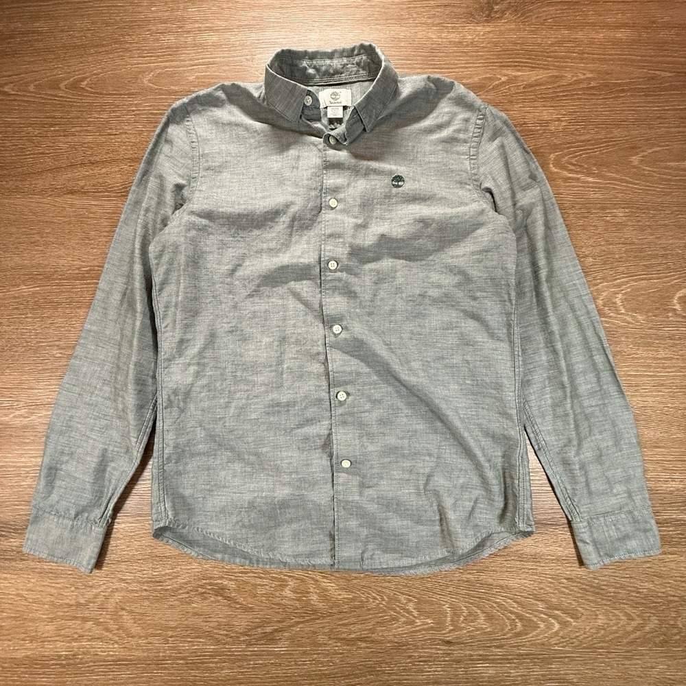 Timberland Men's M Slim Fit Button Up Shirt Green Cotton Long Sleeve Minimalist